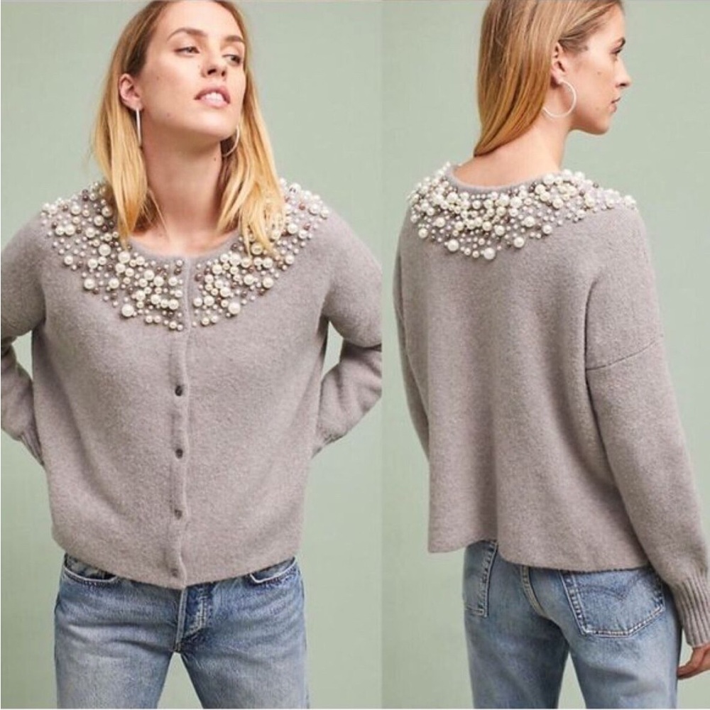 Anthropologie Moth Small Boxy Fit Knit Pearl Cardigan Sweater